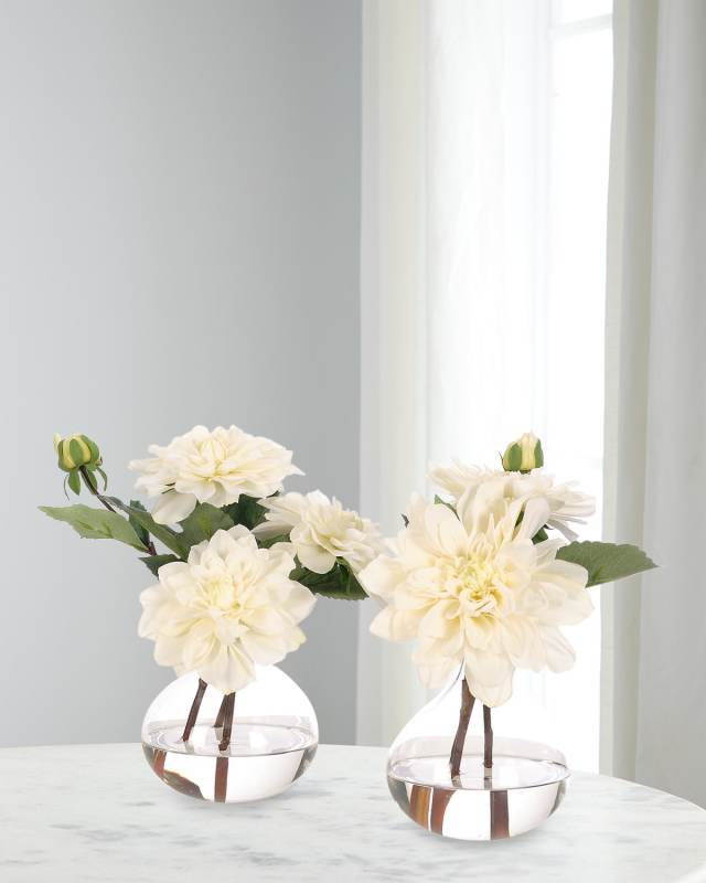 Dahlia 10" Faux Floral Arrangement in Glass Bubble, Set of 2